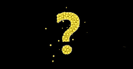 Yellow question mark made of glossy spheres on black background