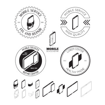 Set of mobile repair service logos, labels, badges and design elements. Set of vector elements for your design.Mobile devices service and repair logo template
