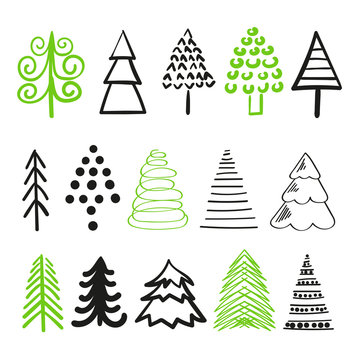 Set of doodle Christmas trees. Collection of winters trees icons isolated on white background. 