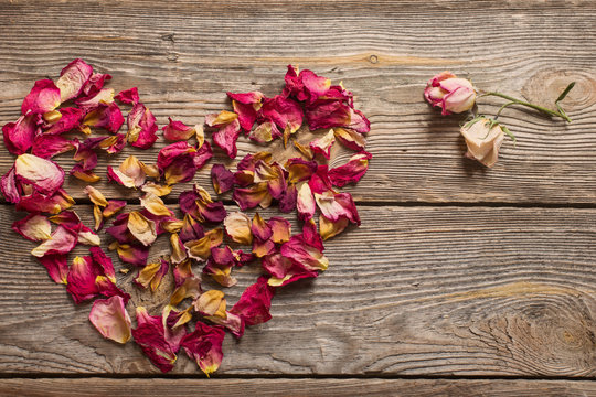 dried rose petals on wooden table