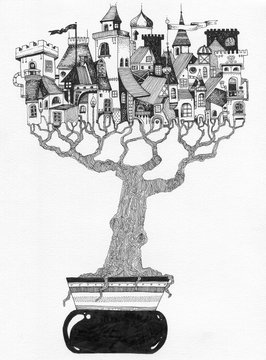 simple black on white drawing - BONSAI - city castle in a tree