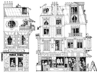 simple illustration french city houses shops apartments bistro restaurant small shop boutique