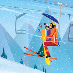 Sportsmen climb the mountain on aerial lift