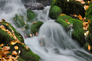 Beautiful waterfall between rocks covered by moss.