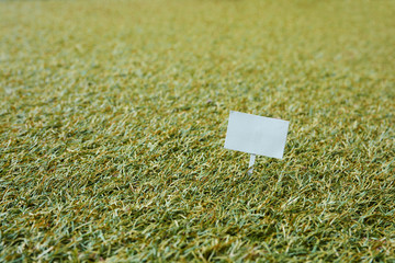 Sign on grass, green lawn, with space for caption, dreamy color