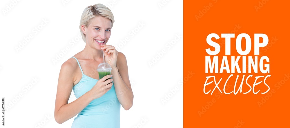 Sticker Composite image of beautiful woman drinking green juice 