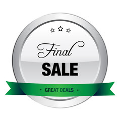 Final sale seal or icon. Silver seal or button with stars and green banner.