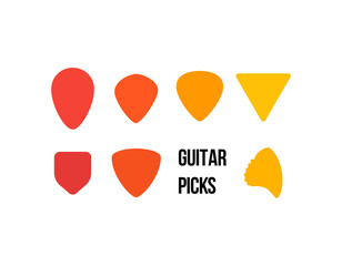Different Colored Picks - Teardrop, Jazz, Classic, Equilateral Triangle, Pentagon, Large Triangle, Sharkfin - Isolated Illustration