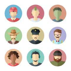 Flat vector characters. Set of male faces. Man avatar collection