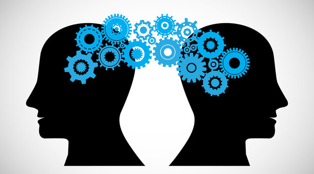 Concept of Brain storming, Knowledge sharing between to people head, this was shown through cogwheels transferring from one human brain to other, this also represents creative mind, innovation