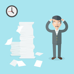 Businessman has a lot of work to do. Flat office illustration.