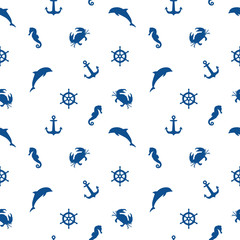 Seamless sea pattern. Anchor, dolphin, crab, steering wheel and