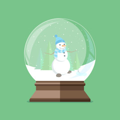 Christmas snow globe with snowman inside. Flat vector illustrati