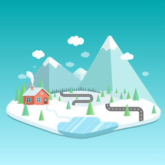 Fototapeta premium Winter landscape with mountains, forest and lake. House in the f