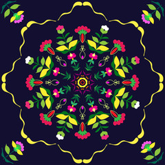 Сircular floral ornament/pattern with flowers and leaves on a dark blue background abstract