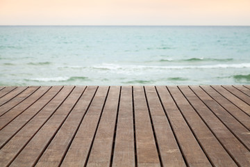 Naklejka na ściany i meble Wooden pier perspective with blue sea