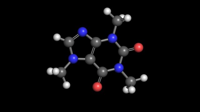 Ball and Stick model of caffeine molecule rotating seamless loopable with alpha channel