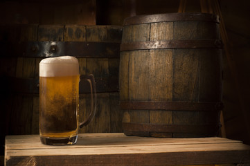 background of barrel and worn old table  wood