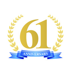 61 anniversary with blue ribbon and gold wreath