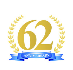 62 anniversary with blue ribbon and gold wreath