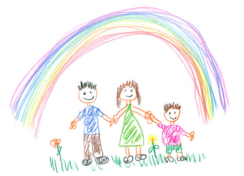 Drawing made by a child, happy family in the spring
