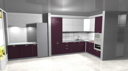 3D rendering interior design white and purple kitchen