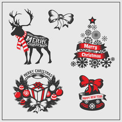 Collection of christmas labels and badges. Christmas wreath, Christmas tree, Reindeer and Bell. Vector illustration.