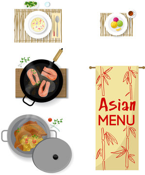 Asian menu dishes - sea fruits soup, salmon in a griddle, stewed fish vith vegetables in a pan, and dessert.