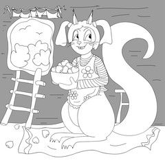 Squirrel with a bowl full of nuts on grey background