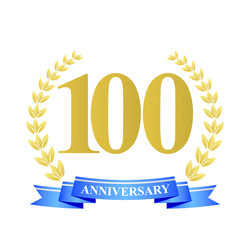 Fototapeta premium 100 anniversary with blue ribbon and gold wreath