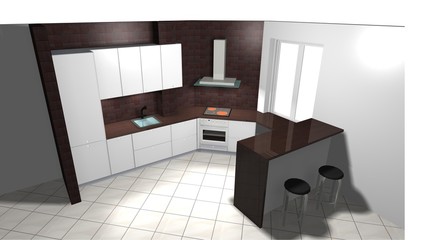 3D rendering illustration interior design white brown kitchen