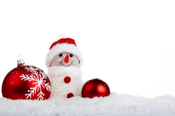 snowman in the snow with Christmas balls