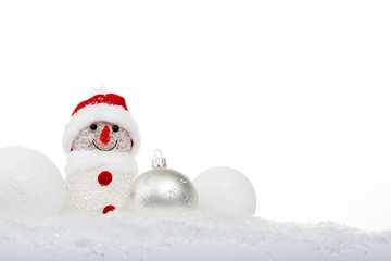 snowman in the snow with Christmas balls
