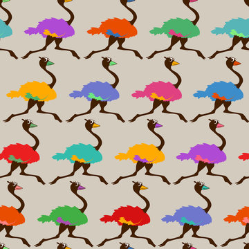 Colorful Seamless Pattern With Running Ostrich.