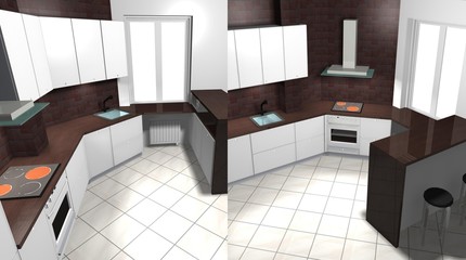 3D rendering interior design white brown kitchen with window
