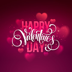 Happy valentines day handwritten text on blurred background. Vector illustration