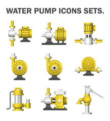Water pump vector icon i.e. centrifugal, rotary, submersible and well pump. Powered by electric motor, engine and hand. For industrial i.e. irrigation, plumbing, water cooling water treatment.
