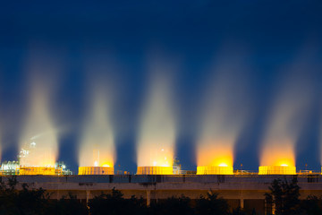 Cooling tower or chiller in power plant, gas fired power station. Industrial building for heat exchanger, ventilation or cooled system by water, steam, fan and air for electricity energy generation.