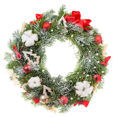 Fototapeta na wymiar Christmas wreath with dried flowers of cotton and colored balls(shallow DOF), isolated on white background