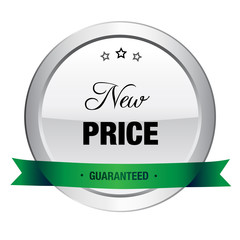 New price seal or icon. Silver seal or button with stars and green banner.