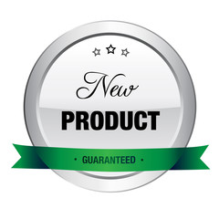 New product seal or icon. Silver seal or button with stars and green banner.