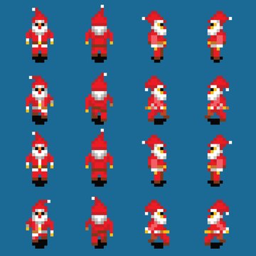 Santa Claus walk animation, four directions, retro video game pixel style