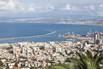 Beautiful panoramic view from Mount Carmel to cityscape and port in Haifa, Israel.