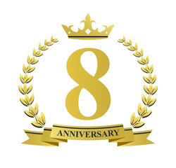 8 anniversary with golden wreath, ribbon and crown