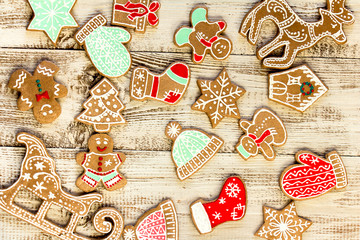 Christmas background with ornate gingerbread cookies.