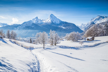 Winter wonderland in the Alps with trail