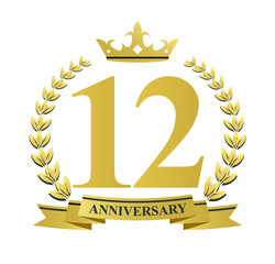 12 anniversary with golden wreath, ribbon and crown