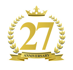 27 anniversary with golden wreath, ribbon and crown