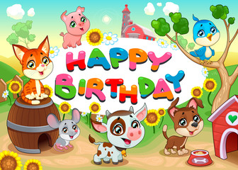 Happy Birthday card with farm animals