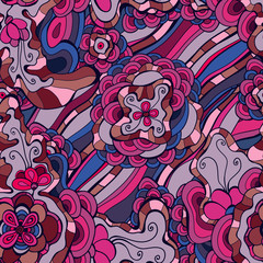 Vivid hand drawn seamless abstract vintage flower pattern.